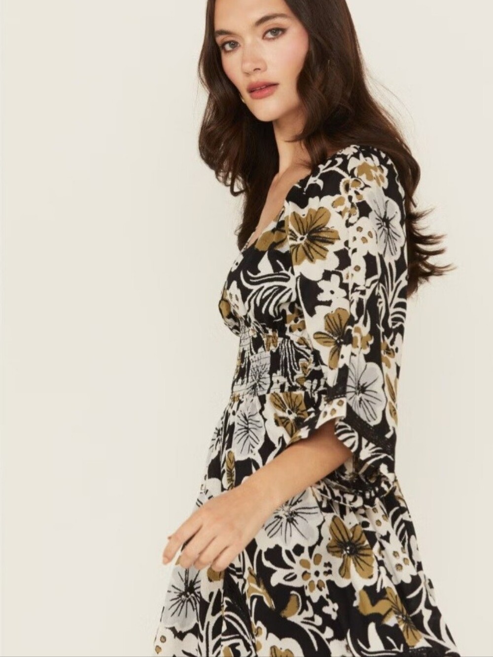 Free People Black and White Floral Smocked Waist Dress - Picture 5 of 5